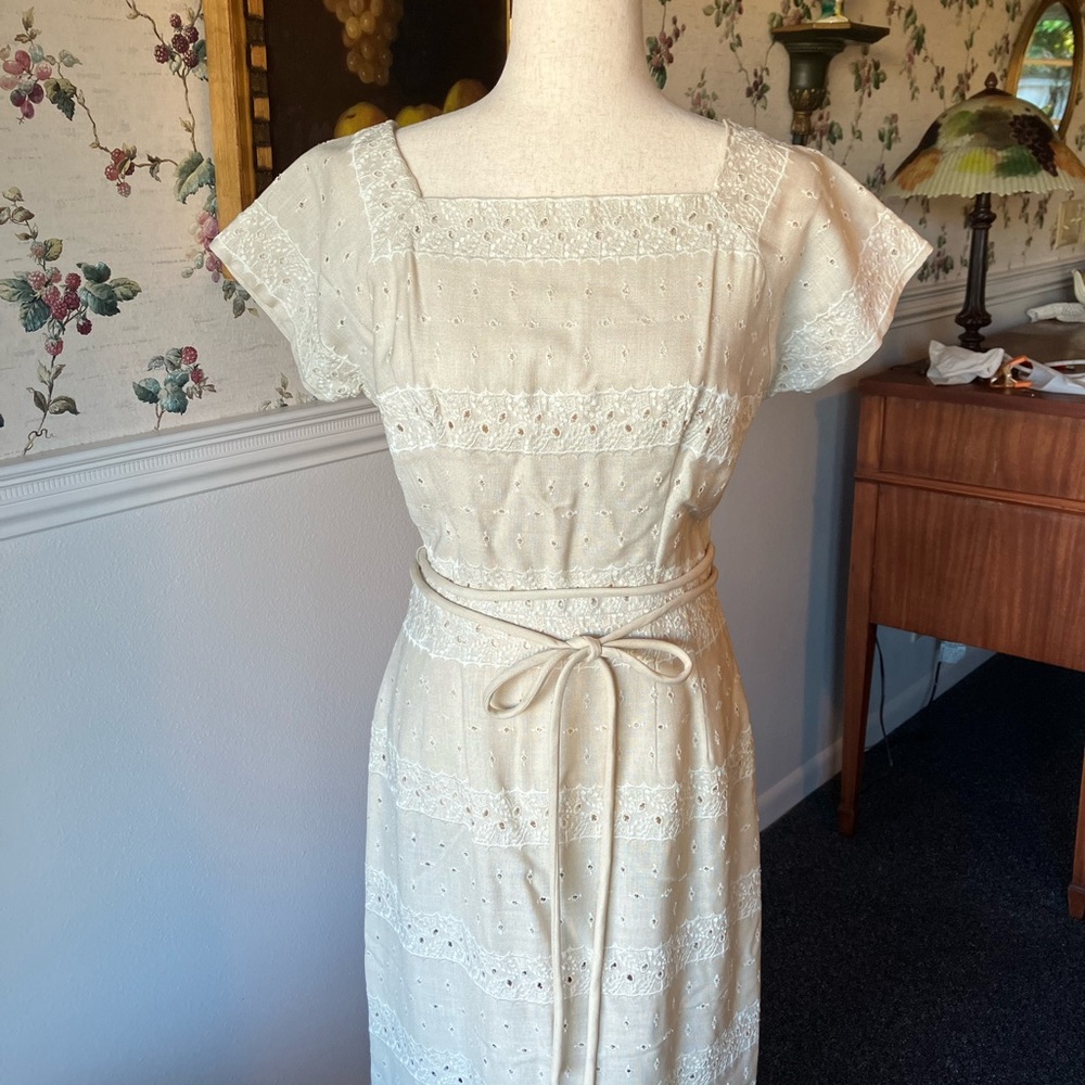 Vintage Kay Windsor Ecru Eyelet Dress with Belt.